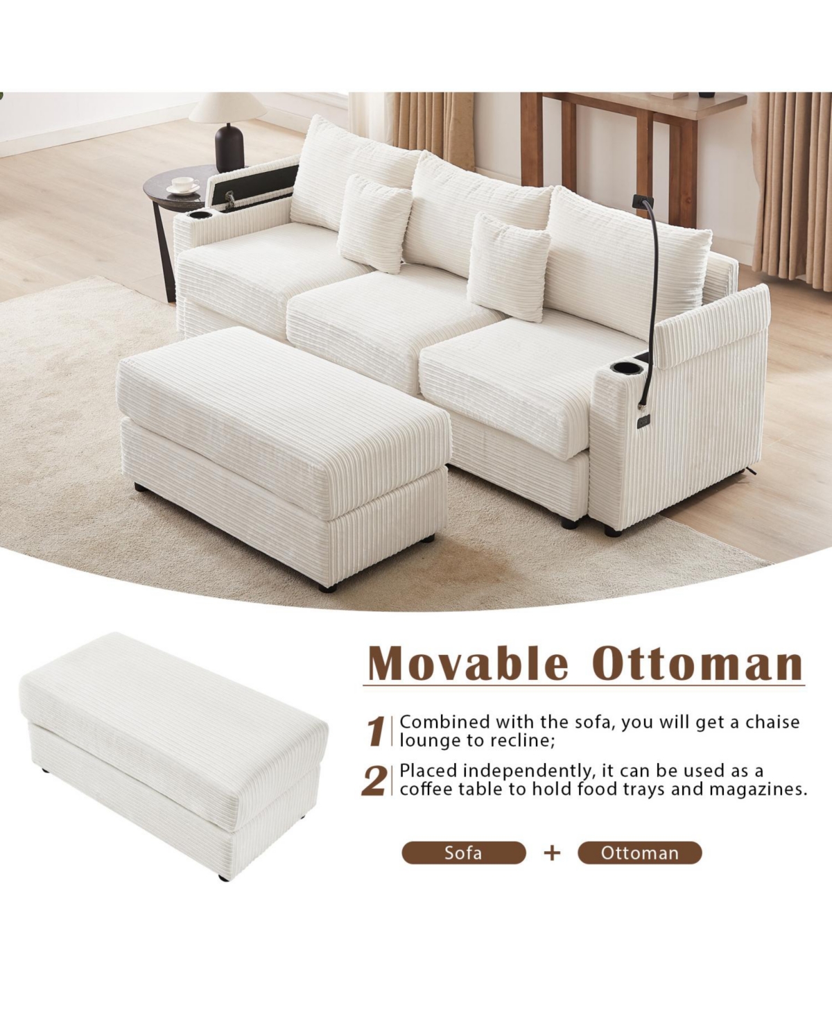 Streamdale Furniture Modern 3-Seater Sectional Sofa w/ Ottoman, Usb, Cup Holders.