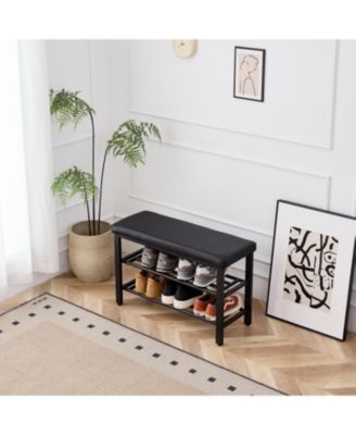 Shoe Bench with Seat Cushion, 3-Tier Shoe Rack, Metal Mesh Shelves