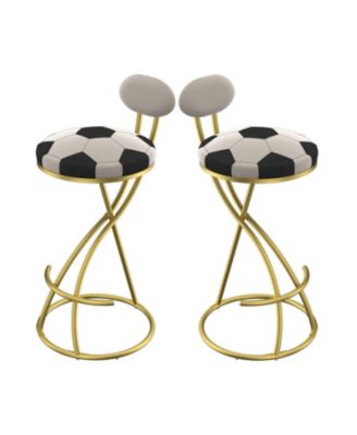 Football Print Bar Stools Set of 2, Counter Height, Velvet, Gold/Cream