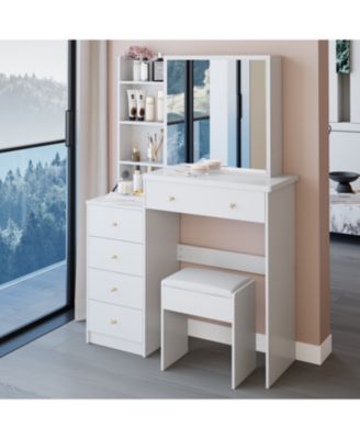 + 37" + Wood + Vanity Table with Mirror, Stool & Storage