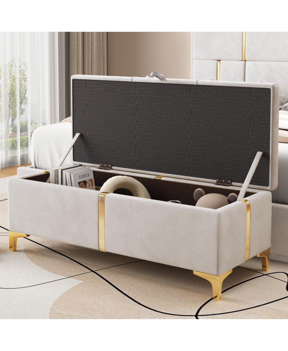 Streamdale Furniture Upholstered Storage Ottoman Bench - Metal Legs, Beige