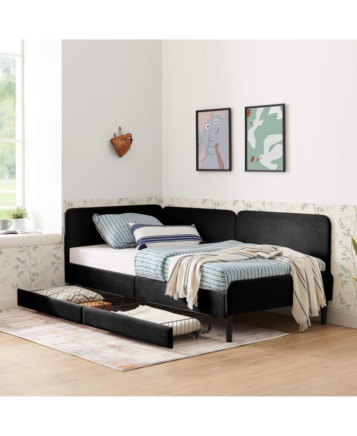 Streamdale Furniture Streamdale Twin Upholstered Platform Bed Frame w/ 2 Drawers, Black
