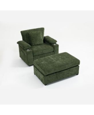 Oversized Chenille Chair with Ottoman USB & Cupholders