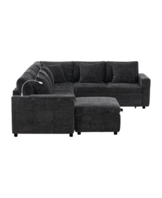 Streamdale Modular Sectional Sofa Bed- Flip Table, Lamp, Ports, Ottoman, Tufted, 6 Pillows