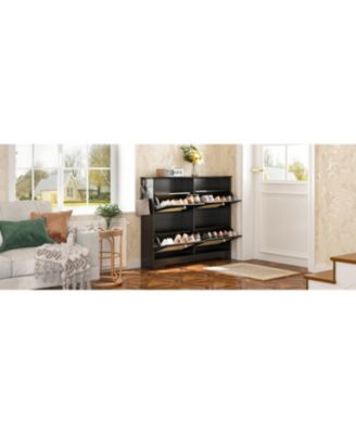 Streamdale Mid-Century Narrow Shoe Cabinet - 4 Flip Drawers, Rattan Doors, Hooks, Black