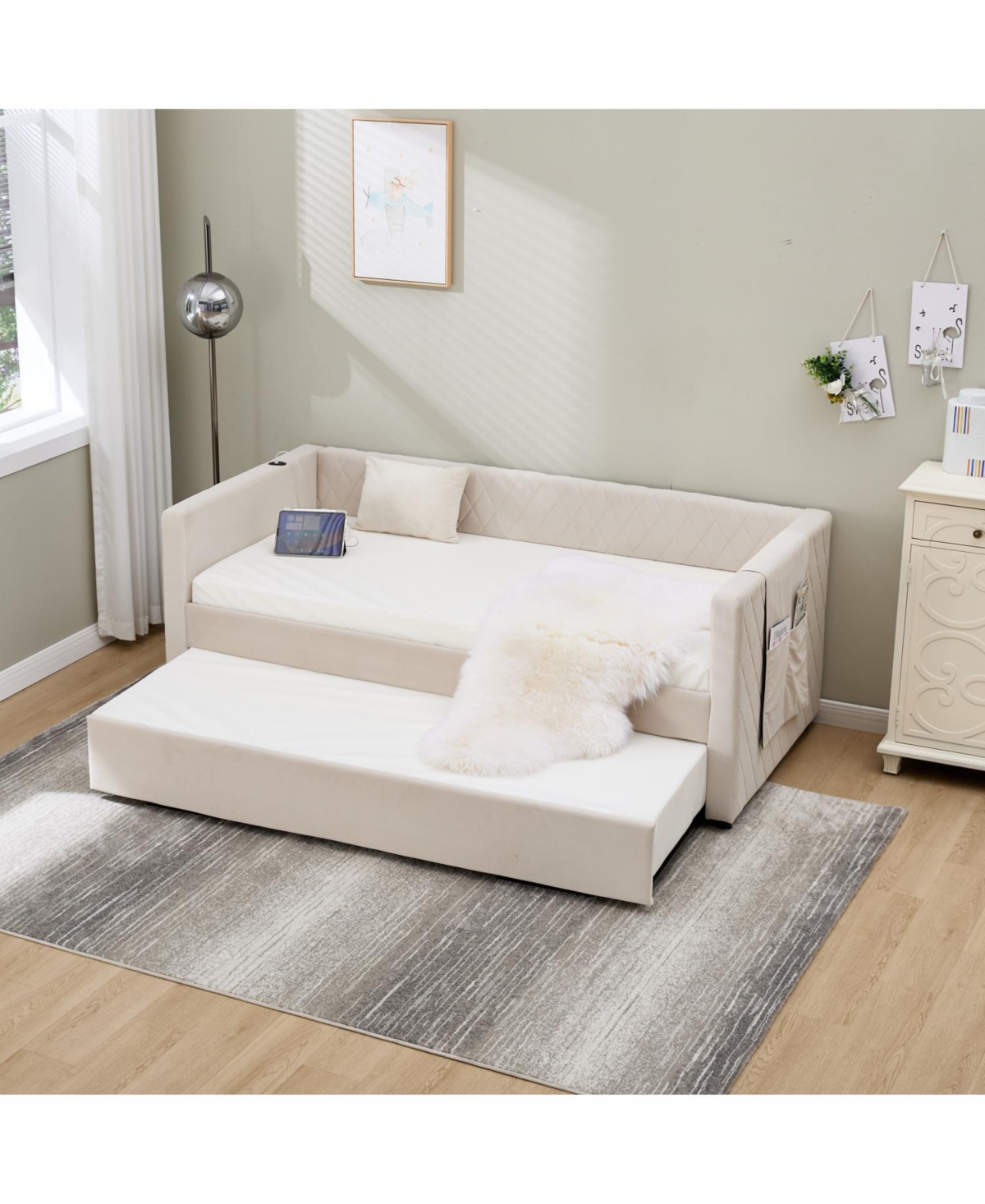 Streamdale Furniture Beige Velvet Daybed - Modern Diamond Grid Design