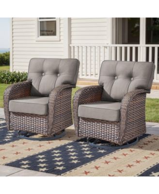 T-Frame Brown Wicker Outdoor Swivel Glider Chairs with Olefin 5 In. Thick Cushions 2-Pack）