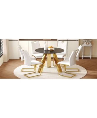 42" Round Sintered Stone Table & 6 White/Gold Chairs