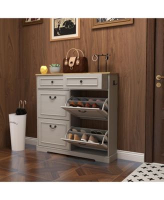 Shoe Storage Cabinet - 2 Drawers, 4 Flip Drawers - Antique White