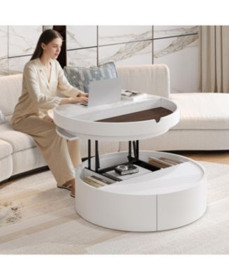 Streamdale White Round Lift Coffee Table, Marble/Wood Top, 29.5"
