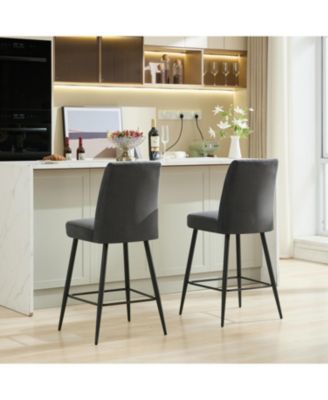 Velvet Grey Bar Chairs Set of 2 Adjustable Iron Feet
