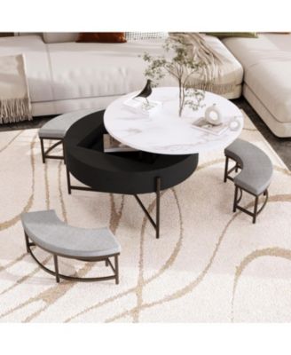 Round Lift-Top Coffee Table with Storage & 3 Ottoman