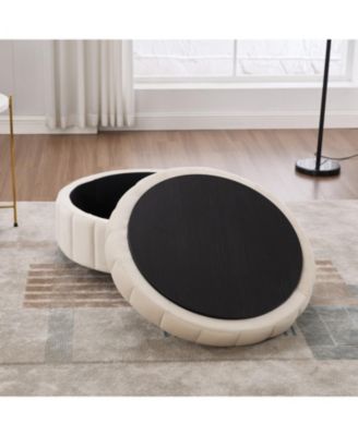 31.5" Beige Velvet Storage Ottoman with Reversible Lid