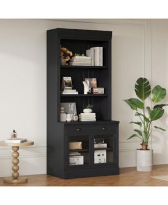 Modern Bookcase with Glass Doors & Drawer - Black