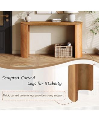  Vintage Console Table - Beaded Trim, Reversible Legs, Natural Wood