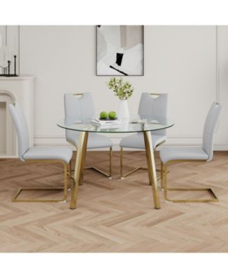  Modern Glass Circle Table & Grey PU Dining Chair Set (5)