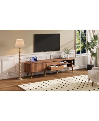 Streamdale Wooden Oval TV Stand with Charging Station, Mid-Century Media Console, Walnut