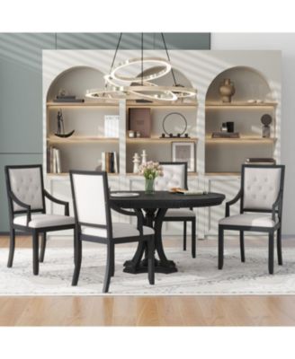  Retro 5-Piece Dining Set - Extendable Round Table & 4 Chairs (Black Oak)