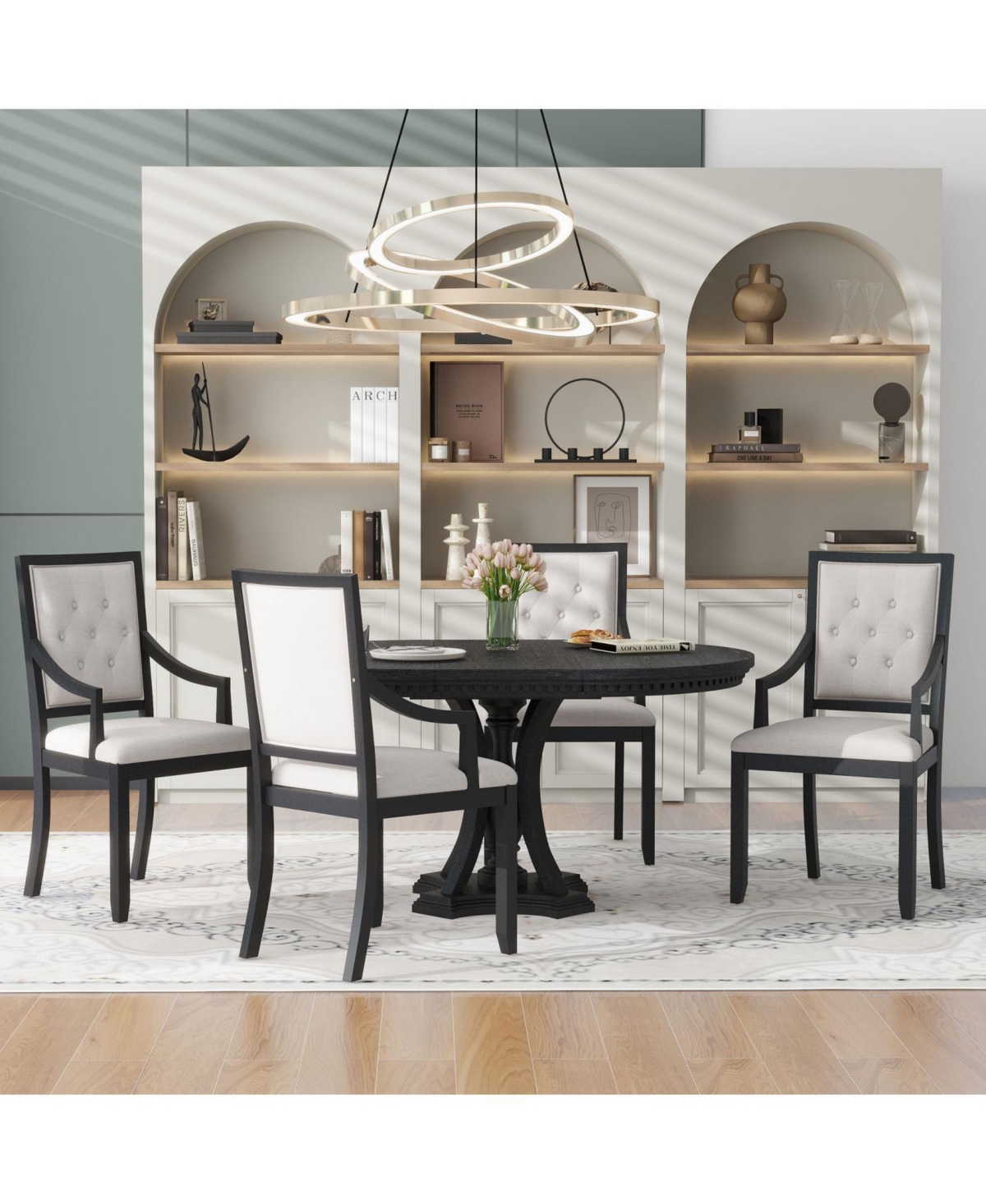 Streamdale Furniture Retro 5-Piece Dining Set - Extendable Round Table & 4 Chairs (Black Oak)