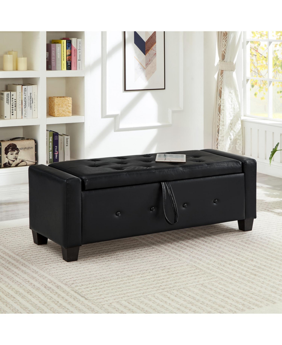Streamdale Furniture + 48" + Faux Leather + Tufted + Storage Ottoman Bench