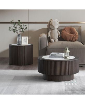 Marble Pattern Coffee Table Set - Round End Tables, Dark Brown