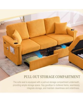 L-Shaped Sectional Sofa w/ Storage Ottoman, USB, Cup Holder, Corduroy