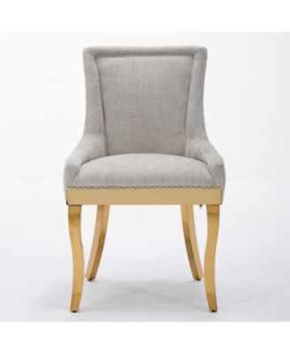 Chenille Dining Chairs, Gold Legs, Rivet Trim, Beige, Set of 2