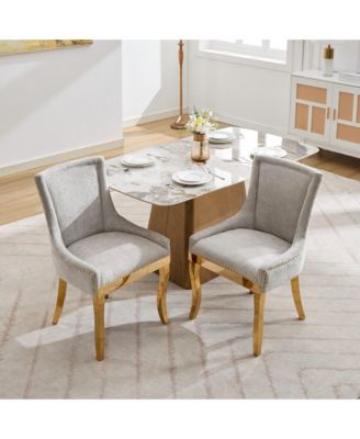 Chenille Dining Chairs, Gold Legs, Rivet Trim, Beige, Set of 2