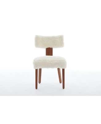 Fur Fabric Armless Dining Chairs, Curved Back, Wood Legs, Ivory (Set of 2