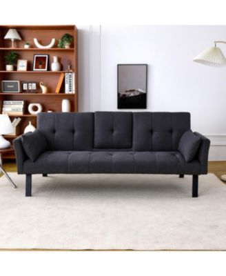 70" Cotton Linen Sofa Bed- Foldable, Cup Holder, Side Storage