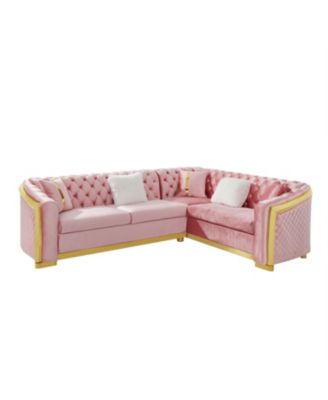 L-Shaped Chesterfield Velvet Sectional Sofa, Gold Accents, 5 Pillows