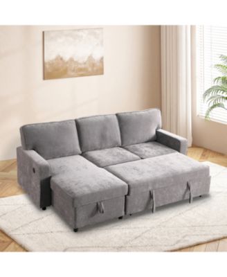 Grey Sectional Sleeper Sofa with Storage, USB & Cup Holders