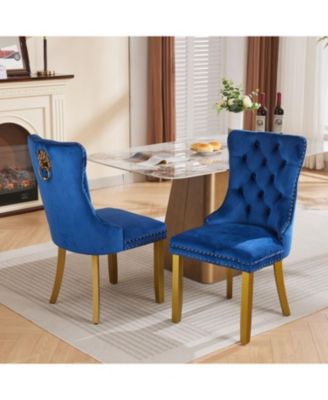 Mid-Century Tufted Velvet Dining Chairs, Lion Head Ring, Gold Legs, Blue, 2-Pcs