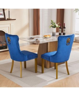 Mid-Century Tufted Velvet Dining Chairs, Lion Head Ring, Gold Legs, Blue, 2-Pcs