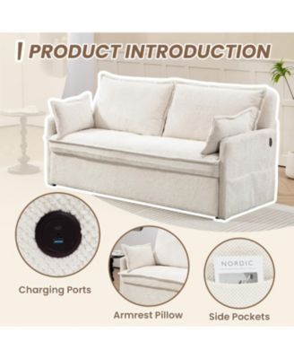 Corduroy Convertible Sofa Bed with USB Ports & Side Storage