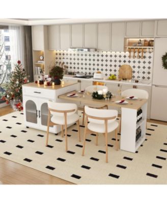 80" Expandable Kitchen Island, Solid Wood Top, Power Outlet, Mobile Cart