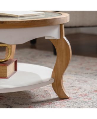 Streamdale Round Wood Coffee Table, Glass Top, Curved Legs