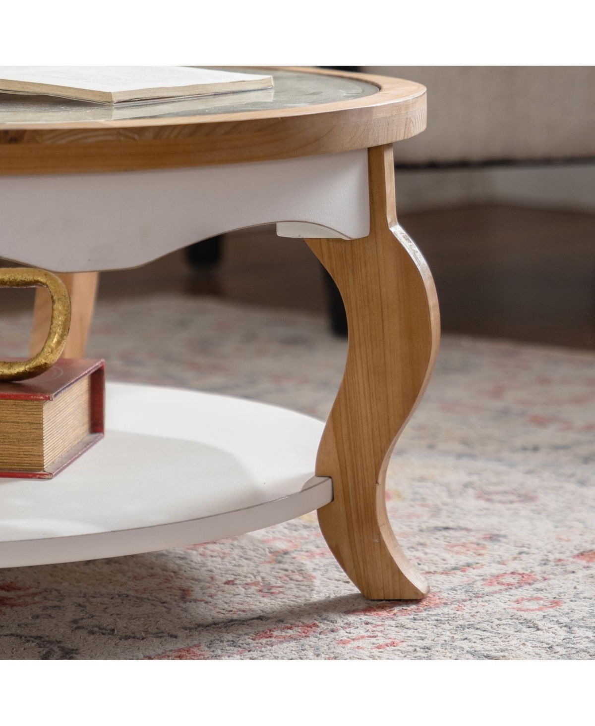 Streamdale Furniture Streamdale Round Wood Coffee Table, Glass Top, Curved Legs