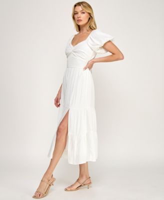 Juniors' Sweetheart Neck Puff-Sleeve Ruched Waist Midi Dress