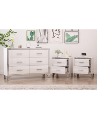  3-Pieces Sets,Dresser and Two Nightstands with Metal Handles and Mirror Decoration, Elegant and