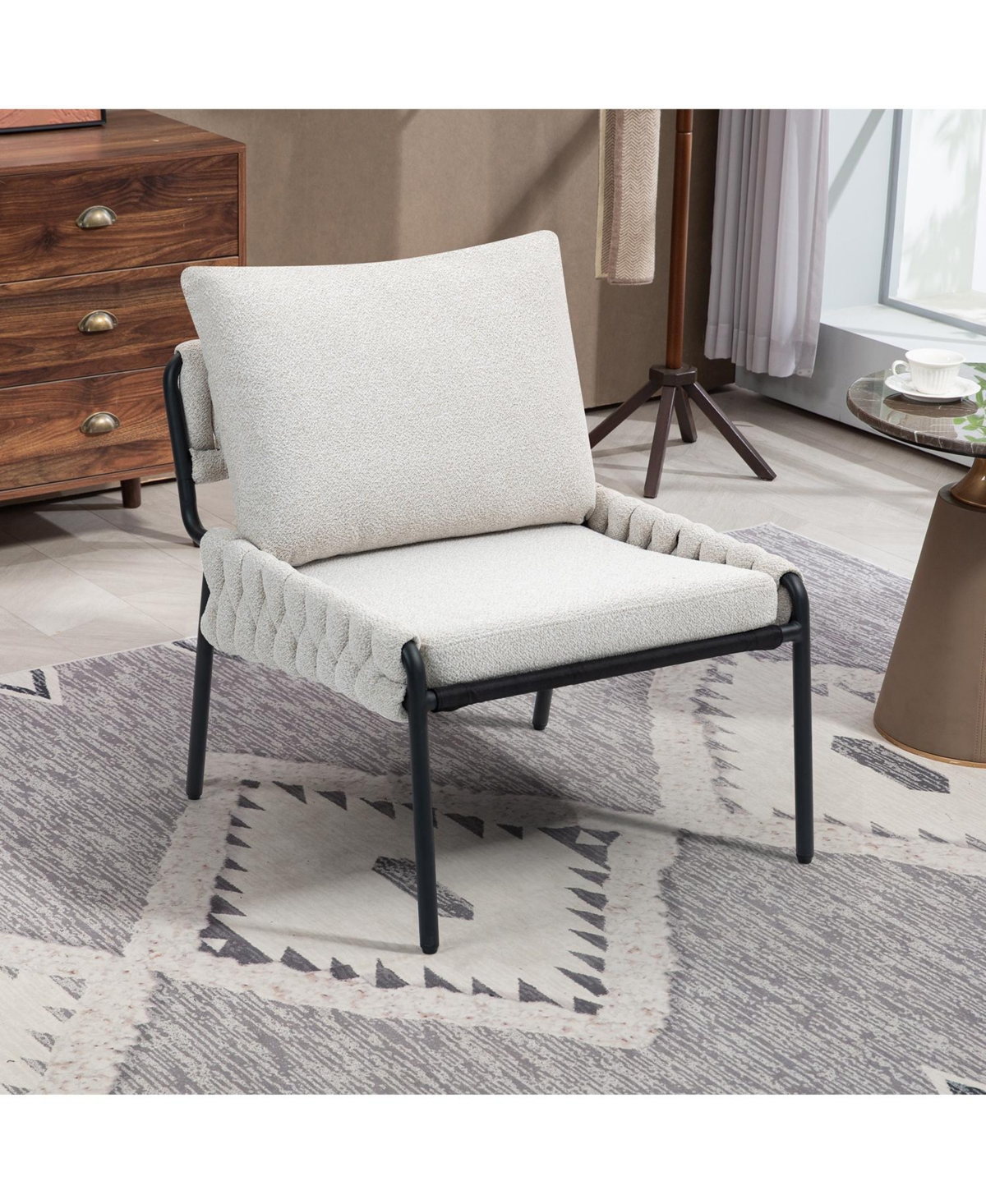 Streamdale Furniture Modern Accent Chair with Braided Upholstery and Metal Frame, Comfortable Armchair for Living Room (Beige