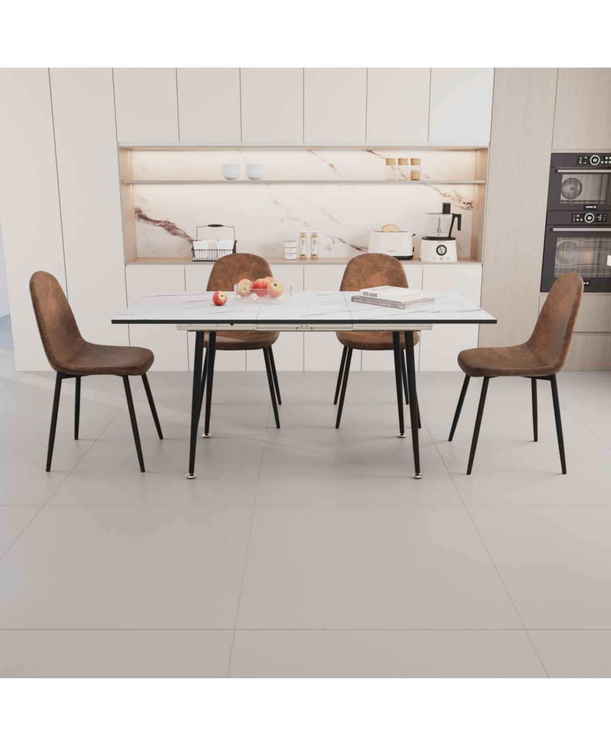 Streamdale Furniture Streamdale Extendable White Dining Table & Brown Suede Chair Set (4-Piece