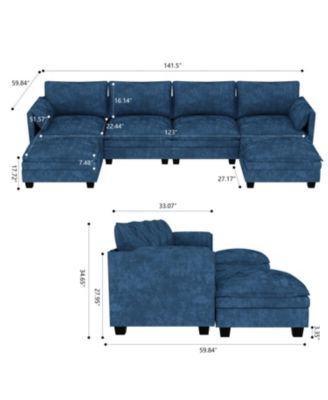 141.5" U-Shaped Sofa Couch with Ottoman & Pockets