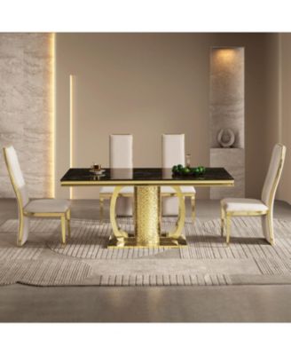  Gold Stainless Steel Dining Table, Black Glass Top