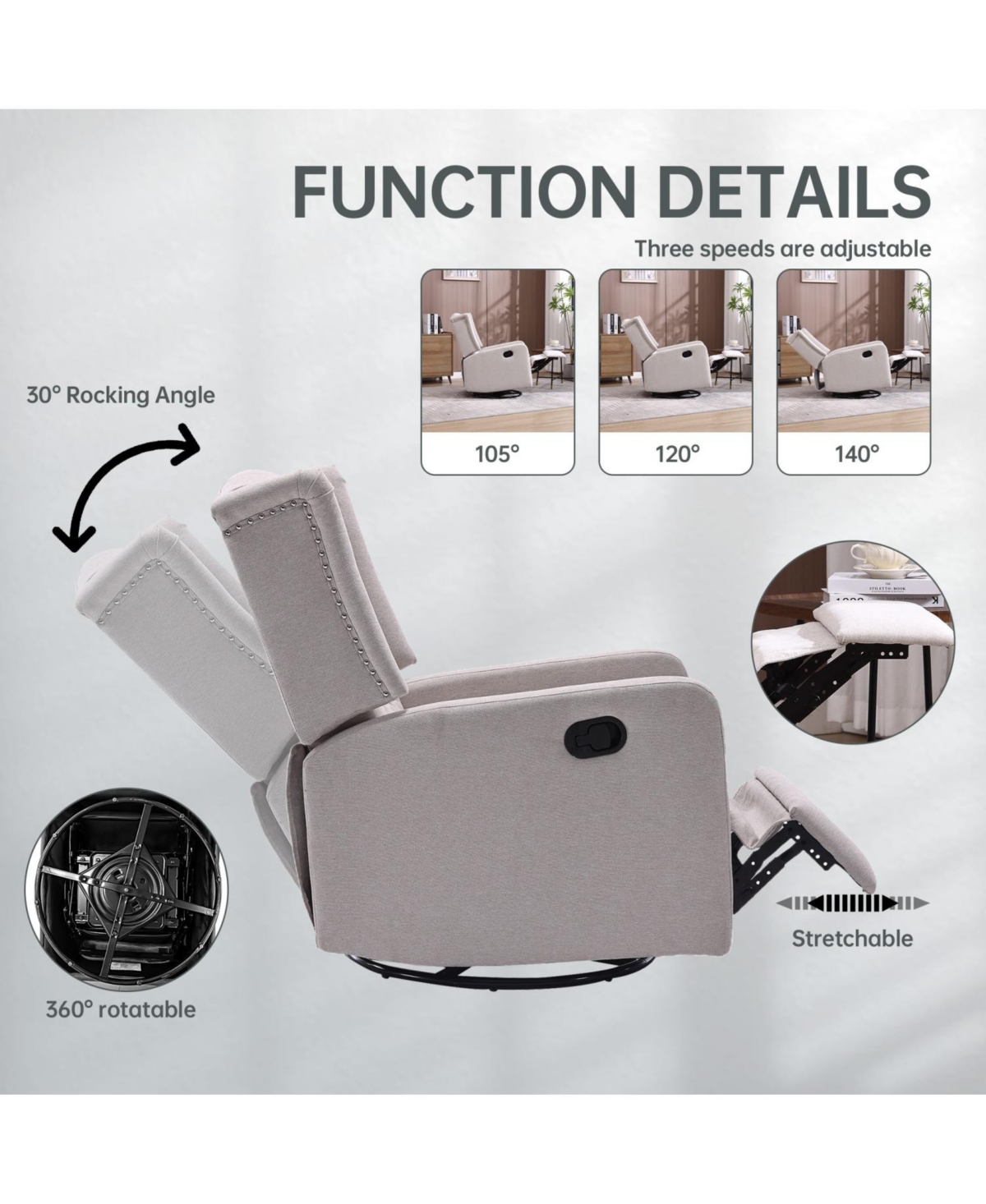 Streamdale Furniture Rocking Recliner 360 Swivel for Nursery