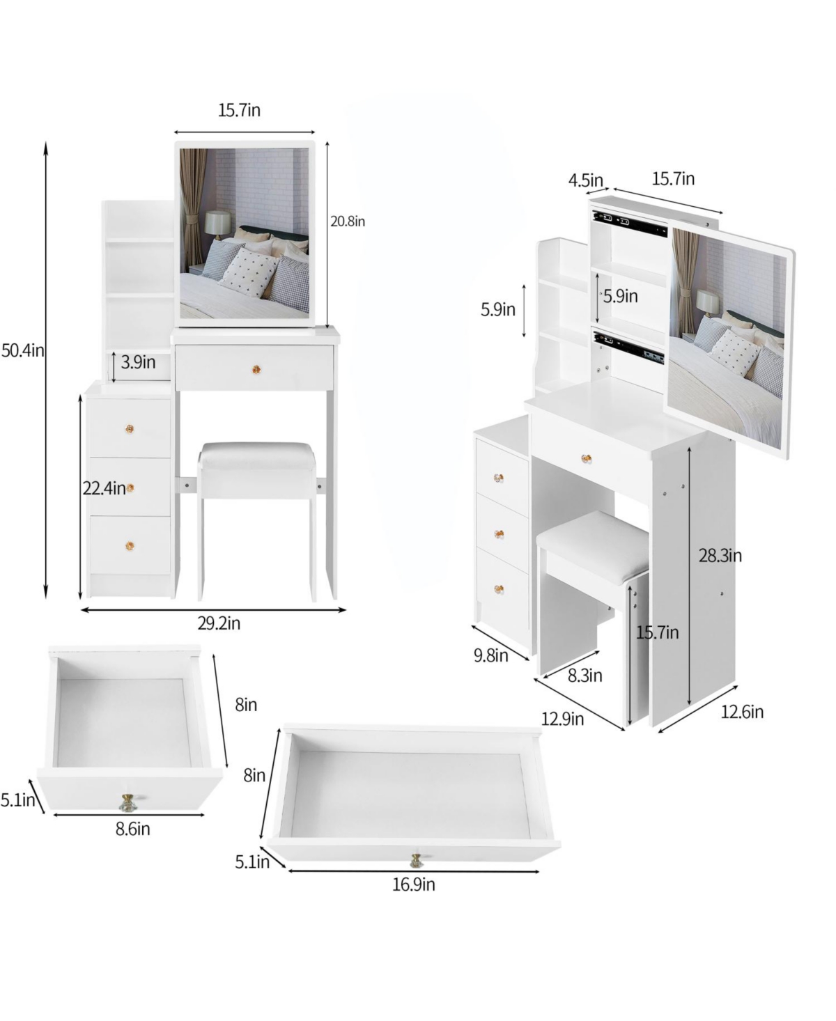 Streamdale Furniture Compact Vanity Set Sliding Mirror, Storage Drawer, Cushioned Stool, Epa/Gcc/Ul Certified
