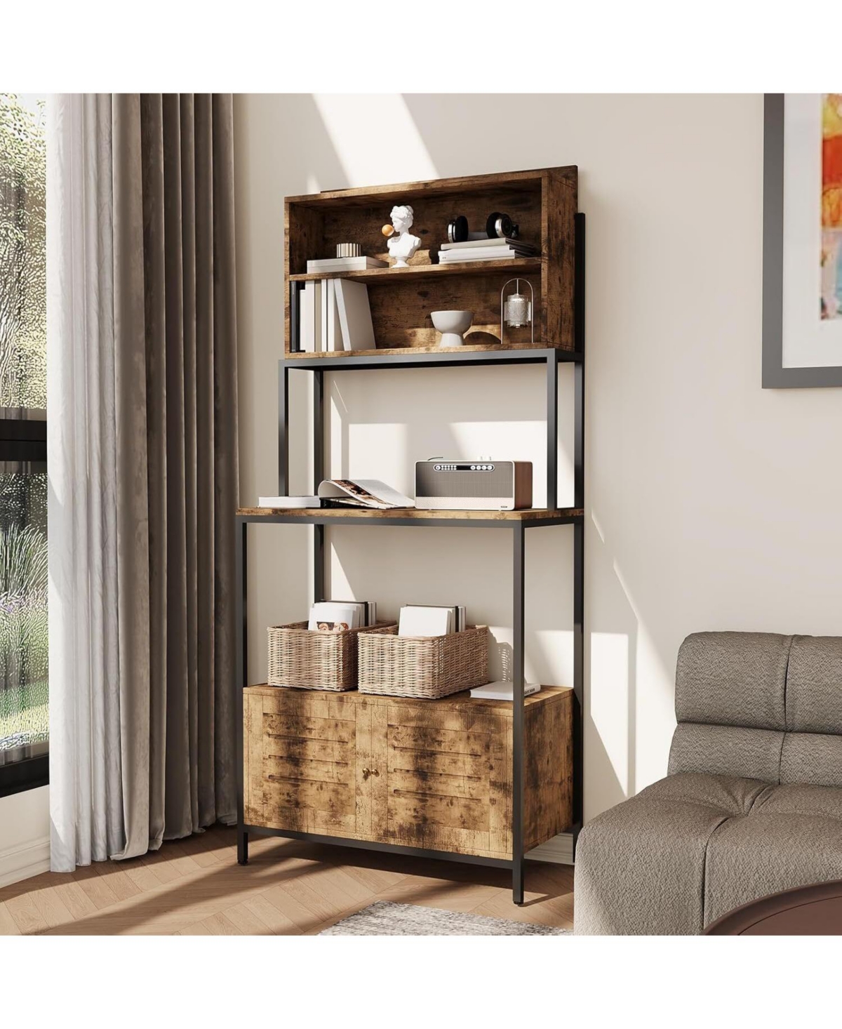 gaomon 68" 6-Tier Kitchen Bakers Rack with Outlet, Storage Cabinet & Shelves, Industrial Microwave Stand & Coffee Bar Station