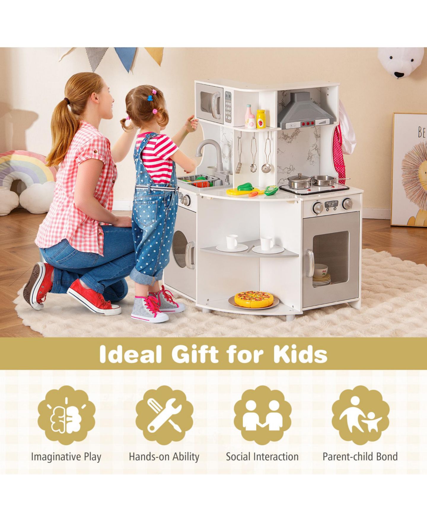 Детская игрушка Gymax Wooden Corner Play Kitchen with Water Circulation, Ages 3+ — фото 4