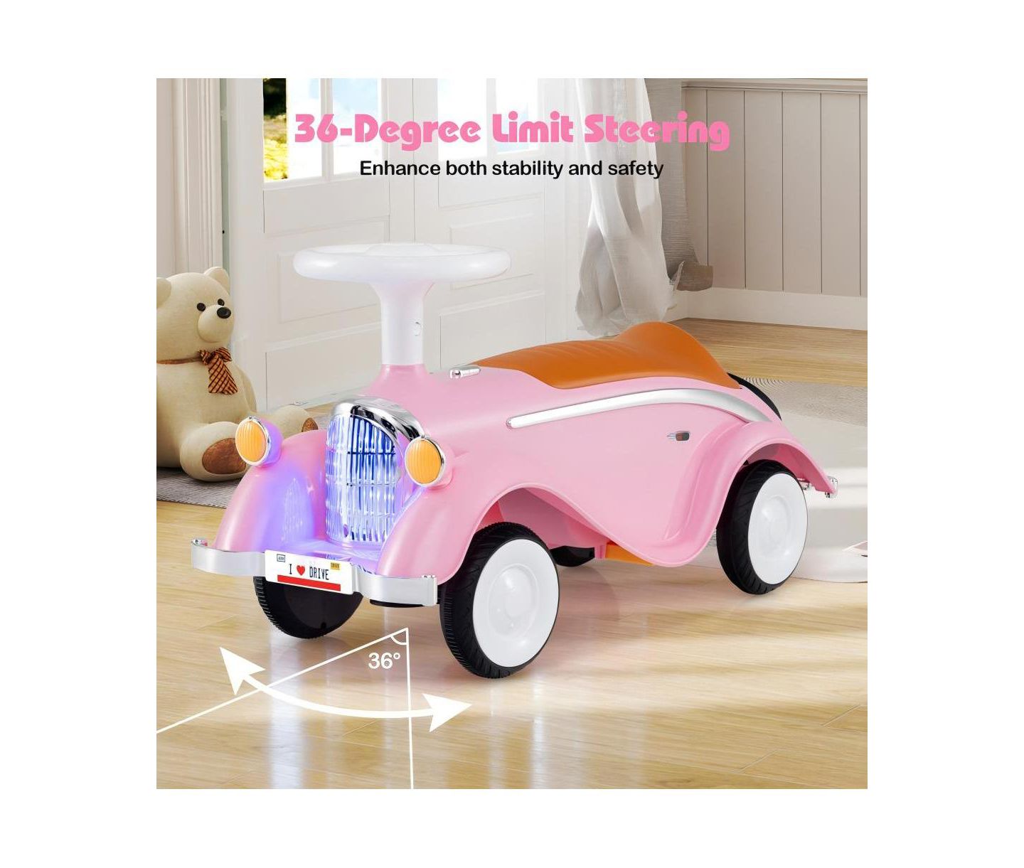 Детская игрушка HONGGE Toddler Ride-On Car with Steering Wheel, Lights and Storage, Ages 1.5-3, цвет: Розовый — фото 9