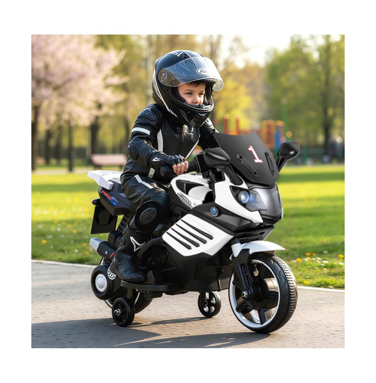 Hongge Kids Electric Ride On Motorcycle with Training Wheels and Realistic Driving Features